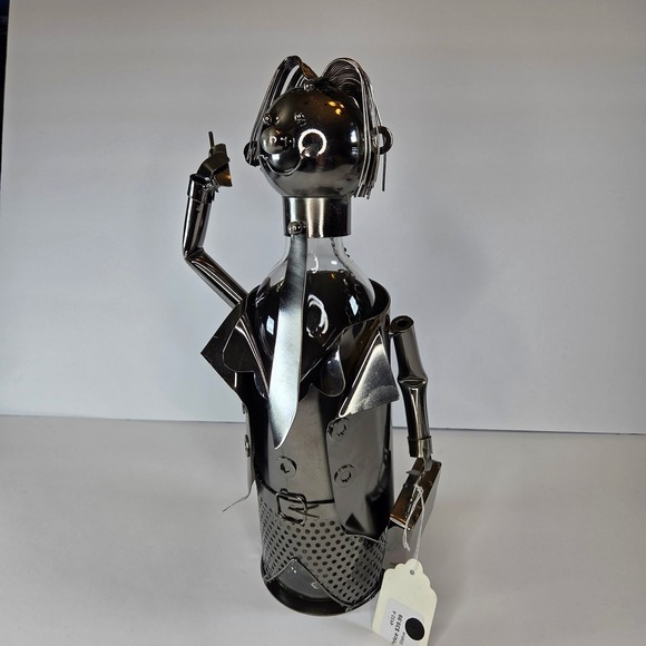 Whimsical Metal Wine Bottle Holder Sculpture Businesswoman Novelty Decor - Picture 4 of 7